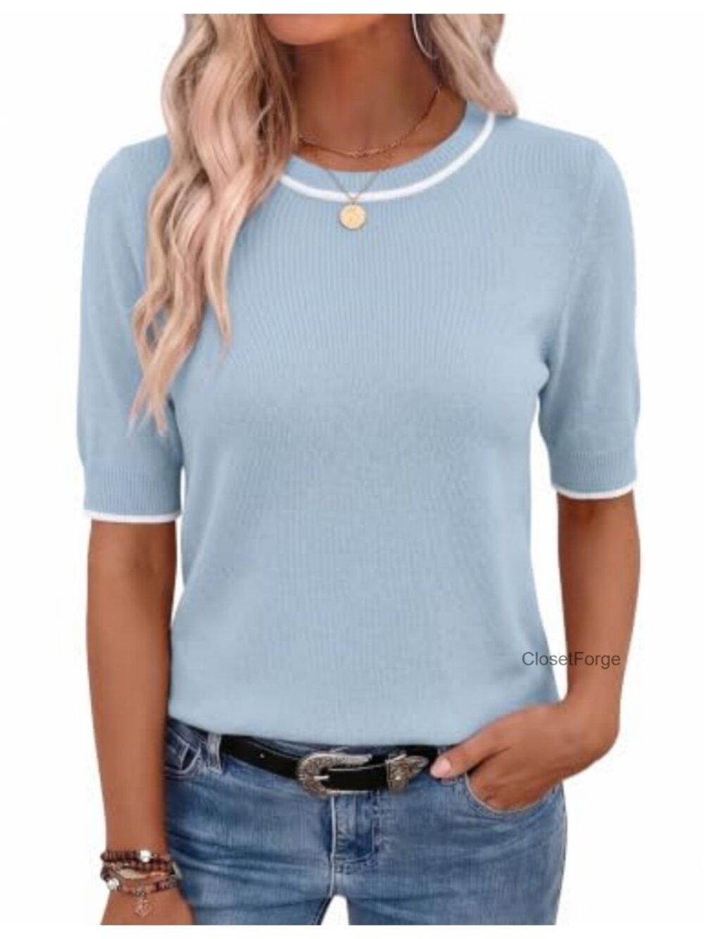 Women's Knit Pullover Sweater Short Sleeve Crew Neck Casual Loose Business Top